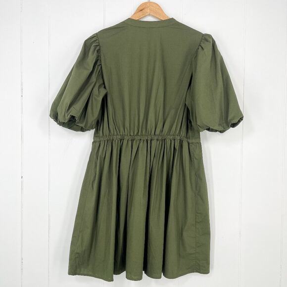Gap Bubble Sleeve Cotton Poplin Dress Cinch Waist Button Front Size Medium Green - Picture 7 of 15